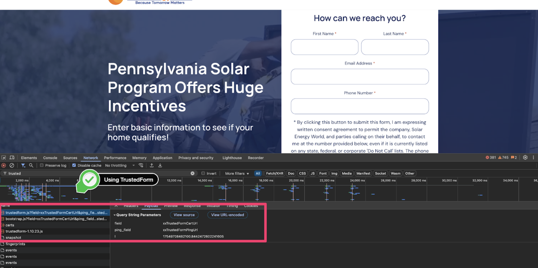 Using ActiveProspect TrustedForm to capture solar leads