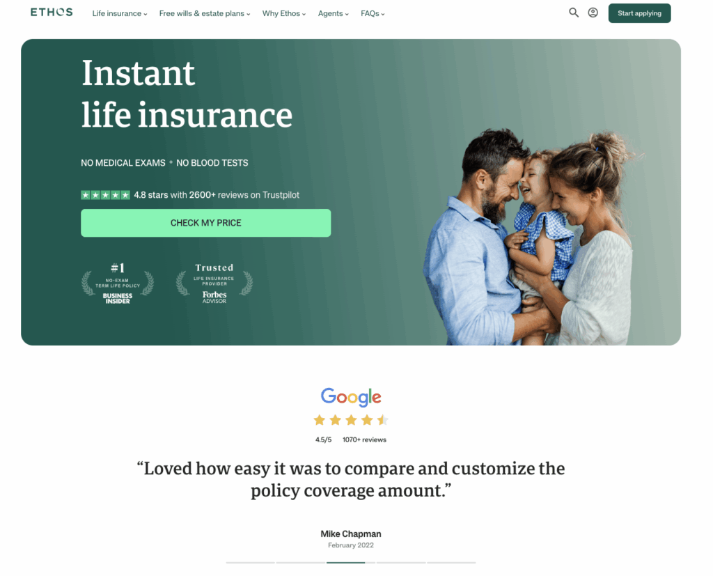 insurance landing page desktop view