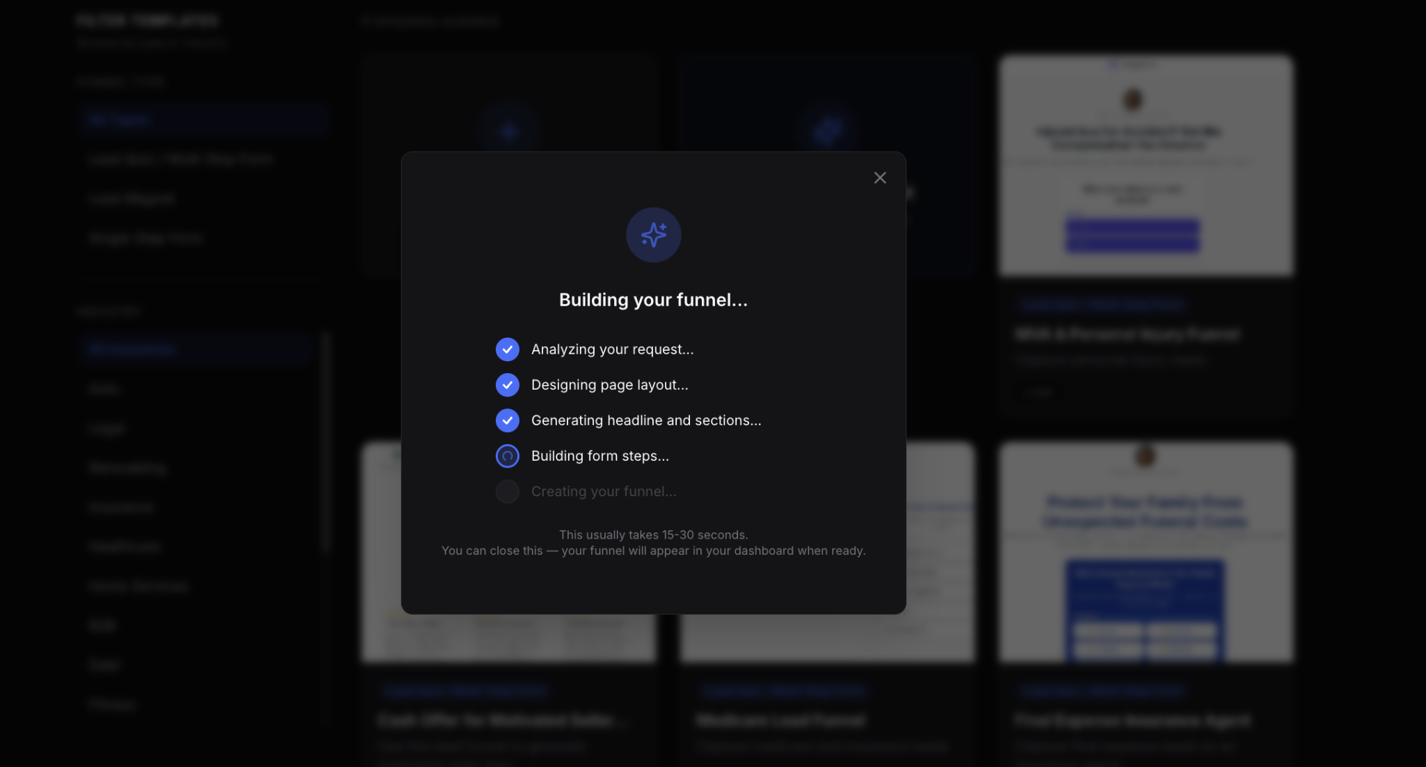 Build with AI — generating a complete funnel from a prompt