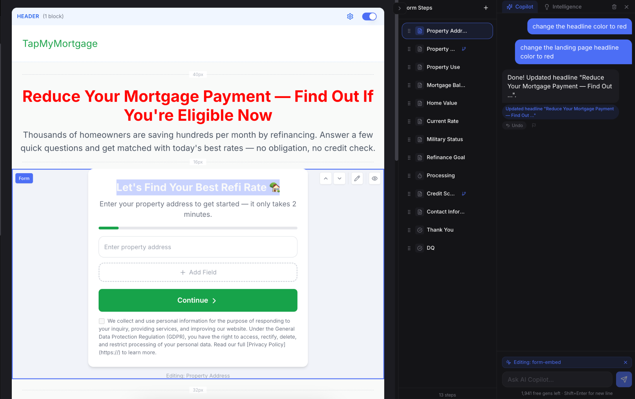 AI Copilot editing a funnel in real-time