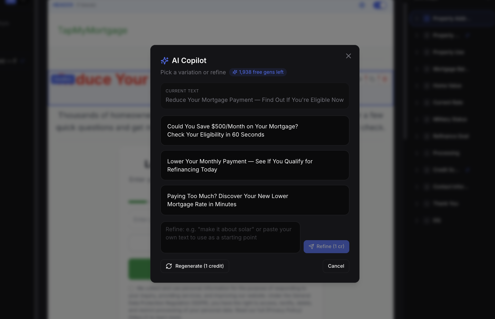 AI copy suggestions with selectable variations