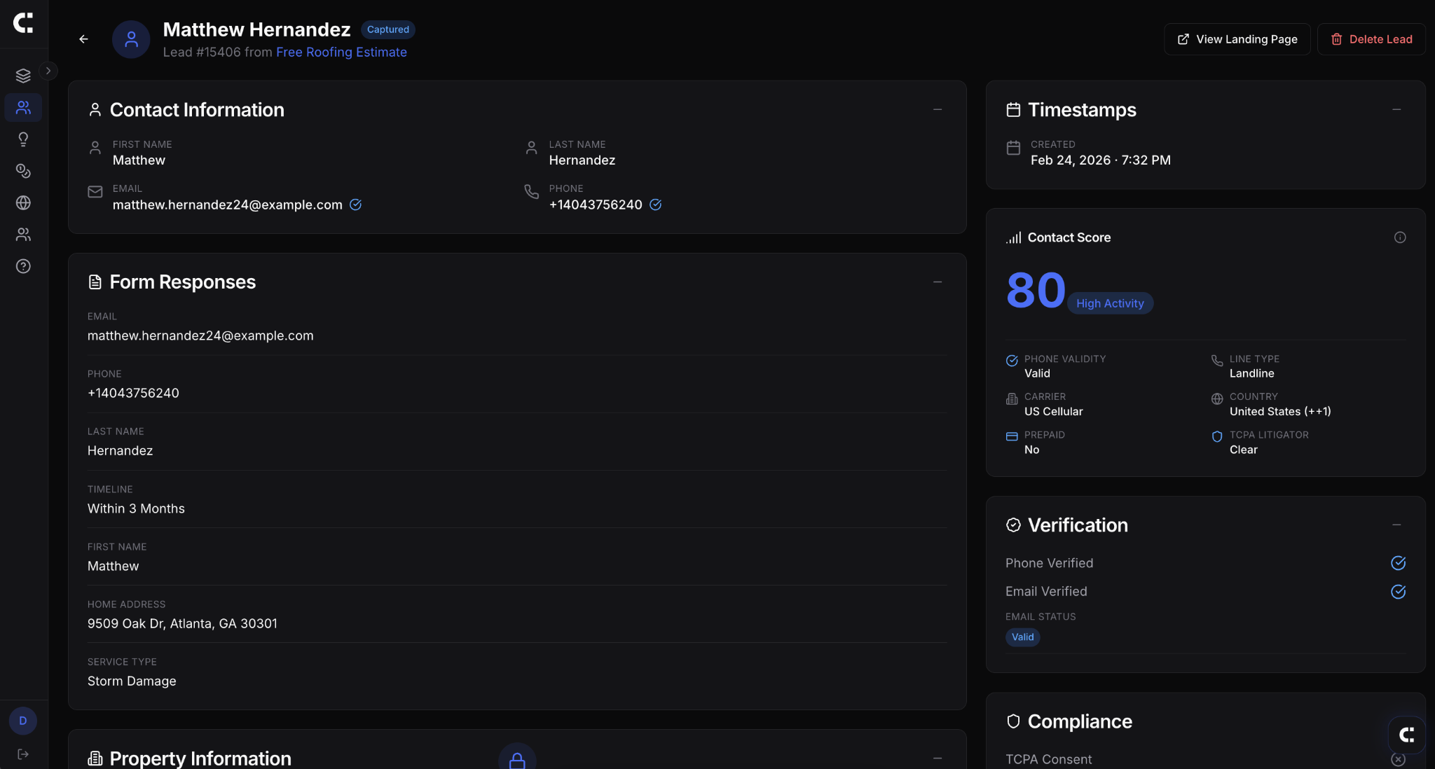 Lead record with contact score and verification