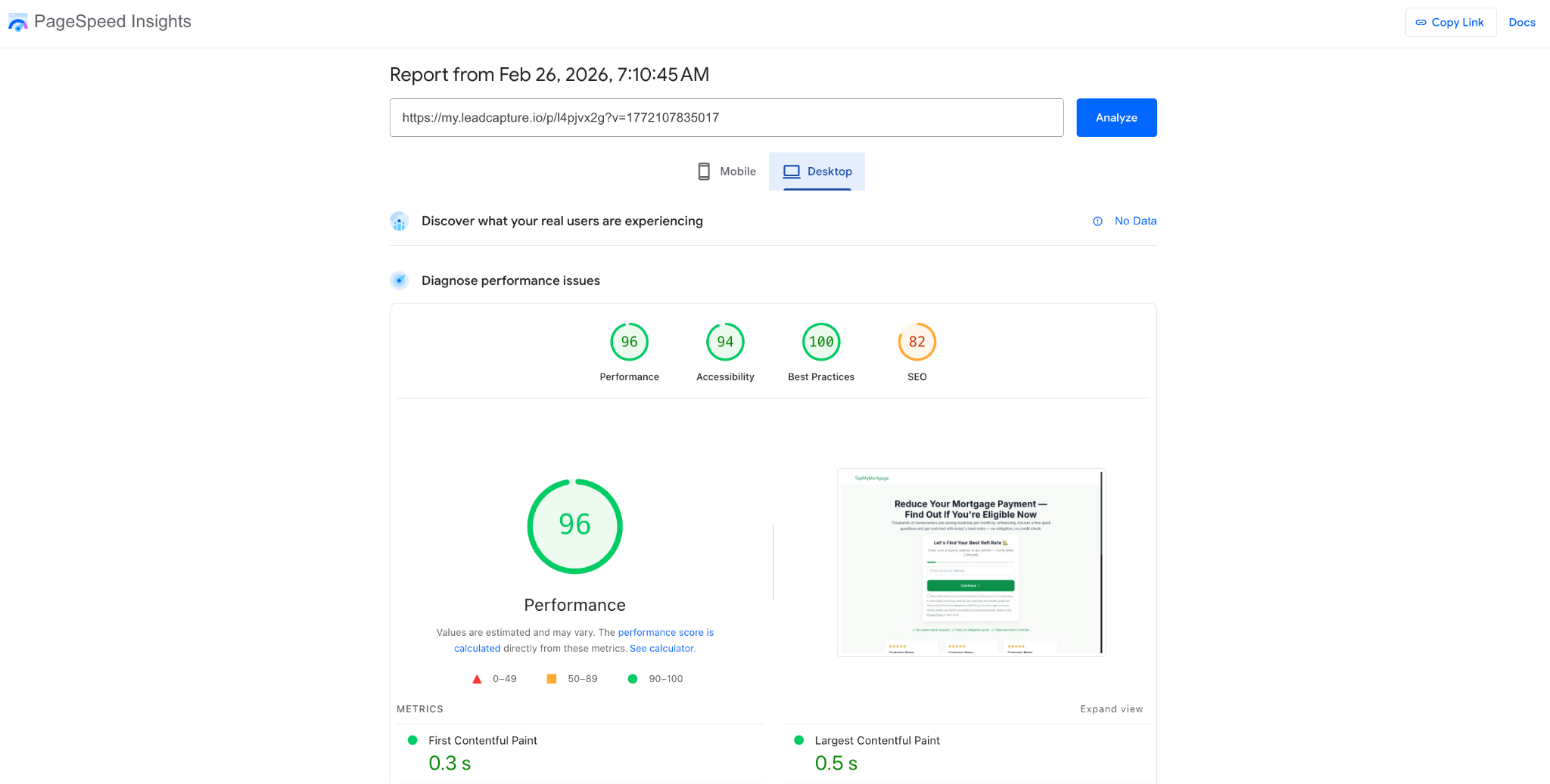 PageSpeed Insights desktop score 96