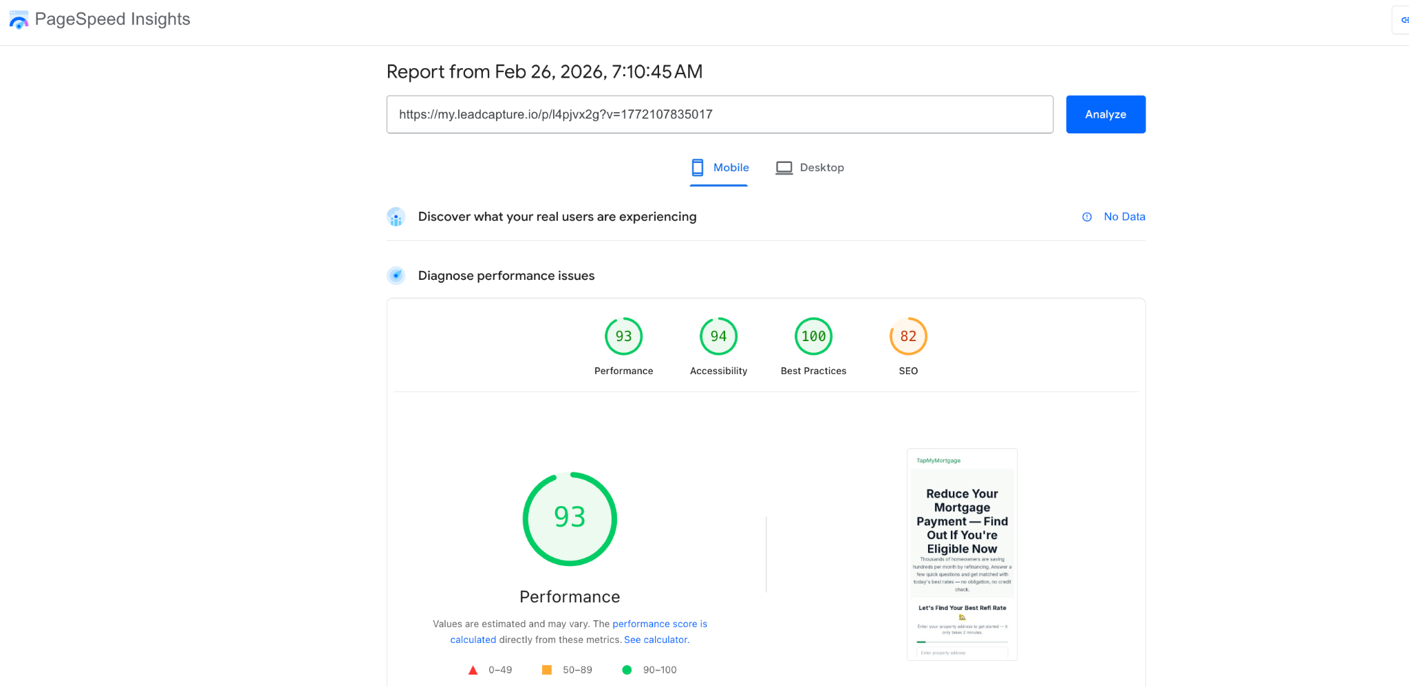 PageSpeed Insights mobile score 93
