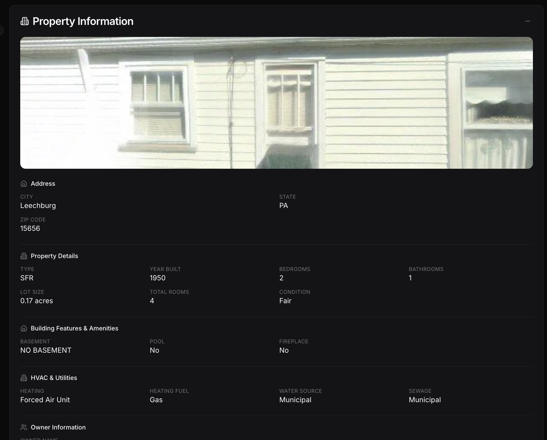 Property Information enrichment — address, details, building features, utilities, and owner info
