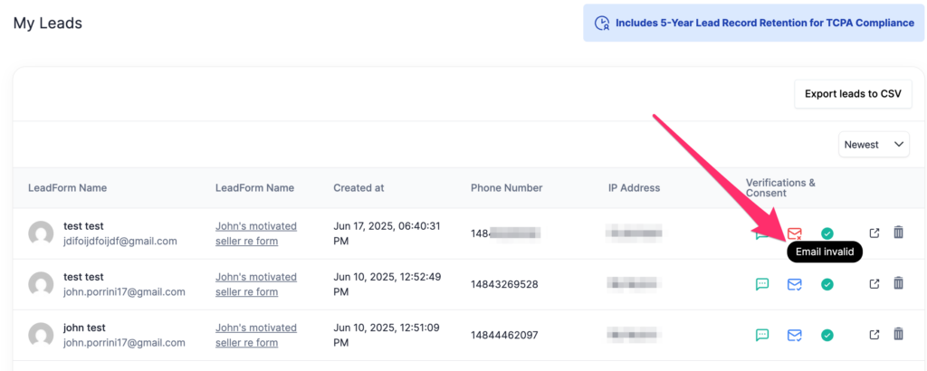 seeing your email verification results right of LeadCapture